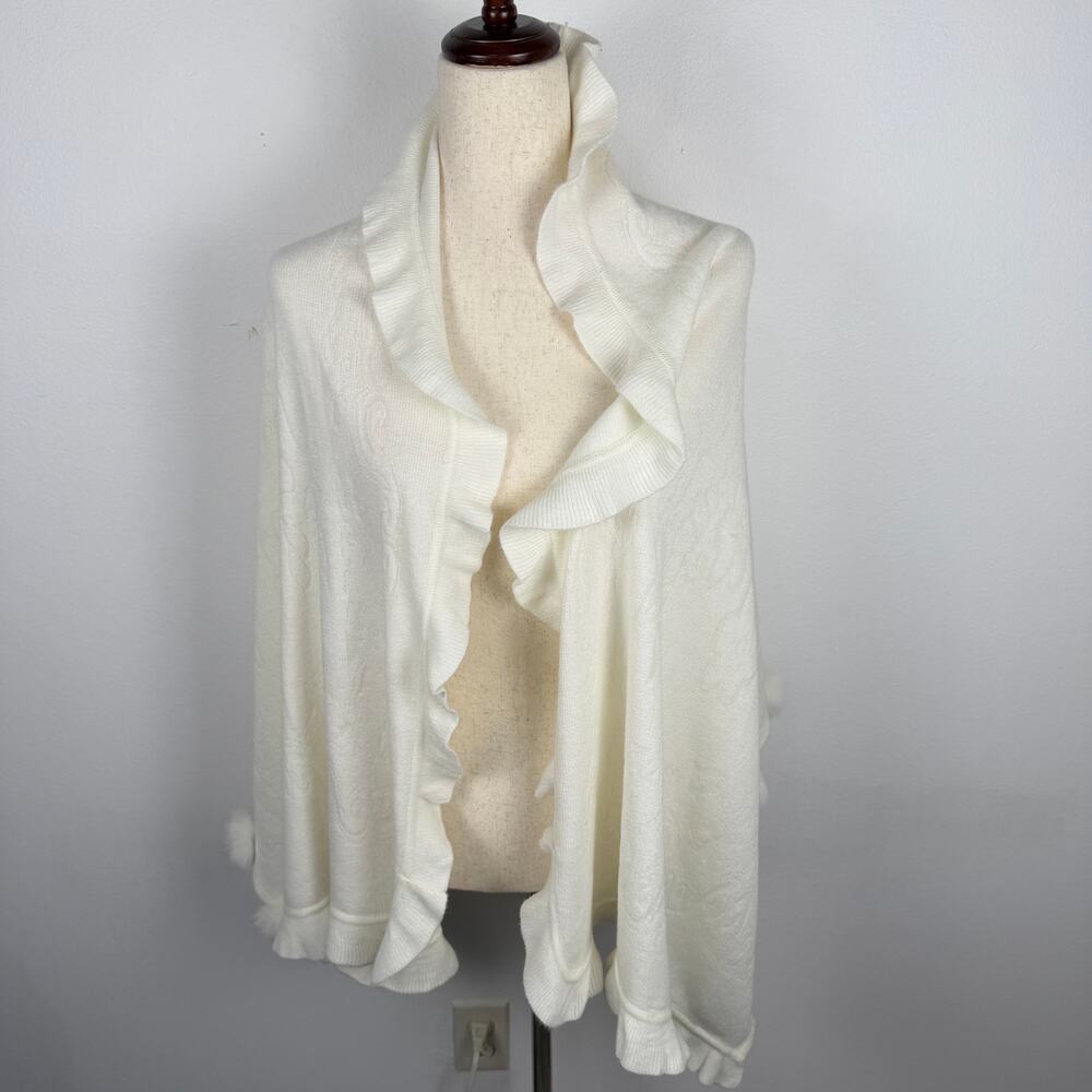 La Fiorentina White Knit Shawl Wrap Rabbit Fur Pom Pom Trimmed Long Scarf Angora - Picture 2 of 13